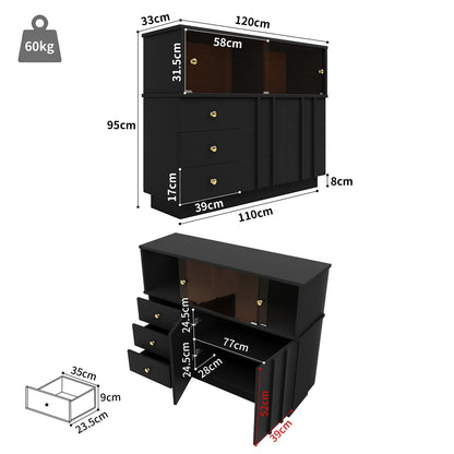 Sideboard Mit Glastür, Küchenschrank, Kommode, Modern Mehrzweckschrank für Wohnzimmer, Esszimmer Aufbewahrungsschrank 3 Schubladen, 2 Türen, Hohe Tragfähigkeit, 100 x 90.5 x 40 cm (B/H/T)