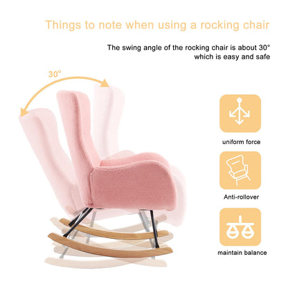 Fauteuil à Bascule, Allaitement Rocking Chair Épaissir Rembourré, Scandinave Velours Peluche Chaise Loisir avec Pieds en Bois Massif, Capacité 150 kg, pour Salon, Chambre, Balcon, 96x68x90cm