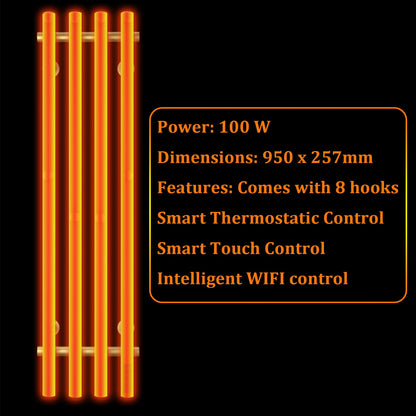 Sèche-Serviette Électrique Chrome, 100 W Chauffe-Serviettes 950 x 257 mm WiFi Intelligent Porte-Serviettes Chauffant Électrique Commande Tactile à LED Radiateur de Salle de Bain avec 8 Crochets