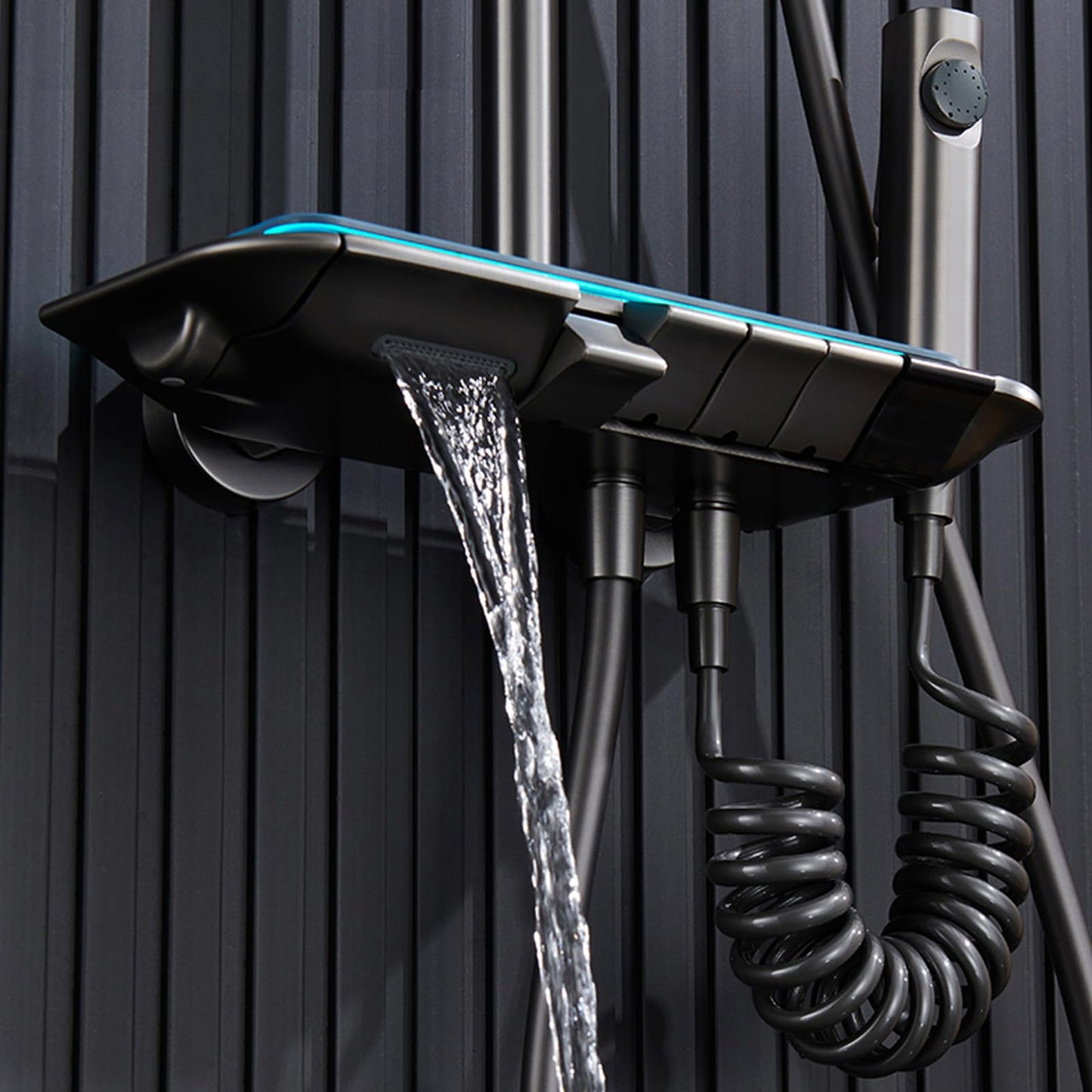 OihPaw Colonne de Douche Thermostatique Gris, Réglable Hauteur Système de Douche, éclairage d'ambiance LED, Ensemble de Douche avec Bec de Baignoire Cascade, Douchette