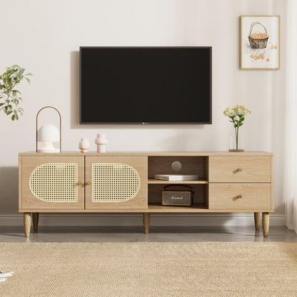Billg Meuble TV 150cm, Armoire De Télévision 2 Portes Tressées en Rotin, Meuble Télé de Salon Pieds D'armoire Réglables, Table Télévision Convient pour Un Téléviseur de 60 Pouces, 3 Trous pour Câbles