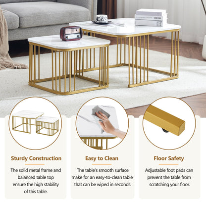 Lot de 2 Tables Basses Gigognes Carré, Tables Basse Empilable Aspect Marbre, Table Basse Salon Chambre avec Cadre en Métal, Polyvalent Tables Bassee pour Bureau, Appartement