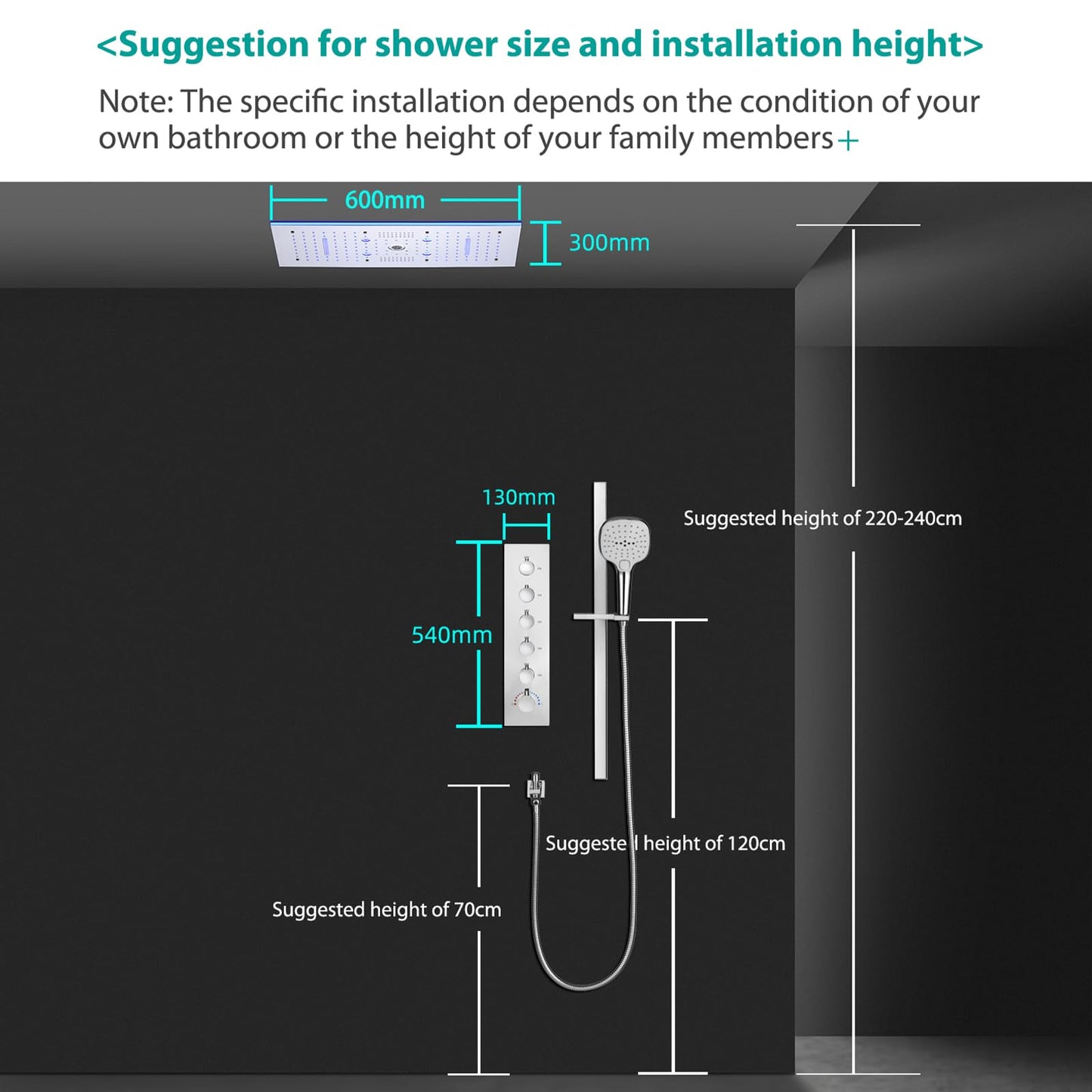 OihPaw Système de Douche Thermostatique Musical,LED 64 Couleurs Bluetooth Colonne Douche Encastré Ensemble de Douche avec 600 * 300mm 9 Fonctions Tête de Douche,Douchette,Chrome