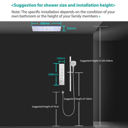 OihPaw Système de Douche Thermostatique Musical,LED 64 Couleurs Bluetooth Colonne Douche Encastré Ensemble de Douche avec 600 * 300mm 9 Fonctions Tête de Douche,Douchette,Chrome