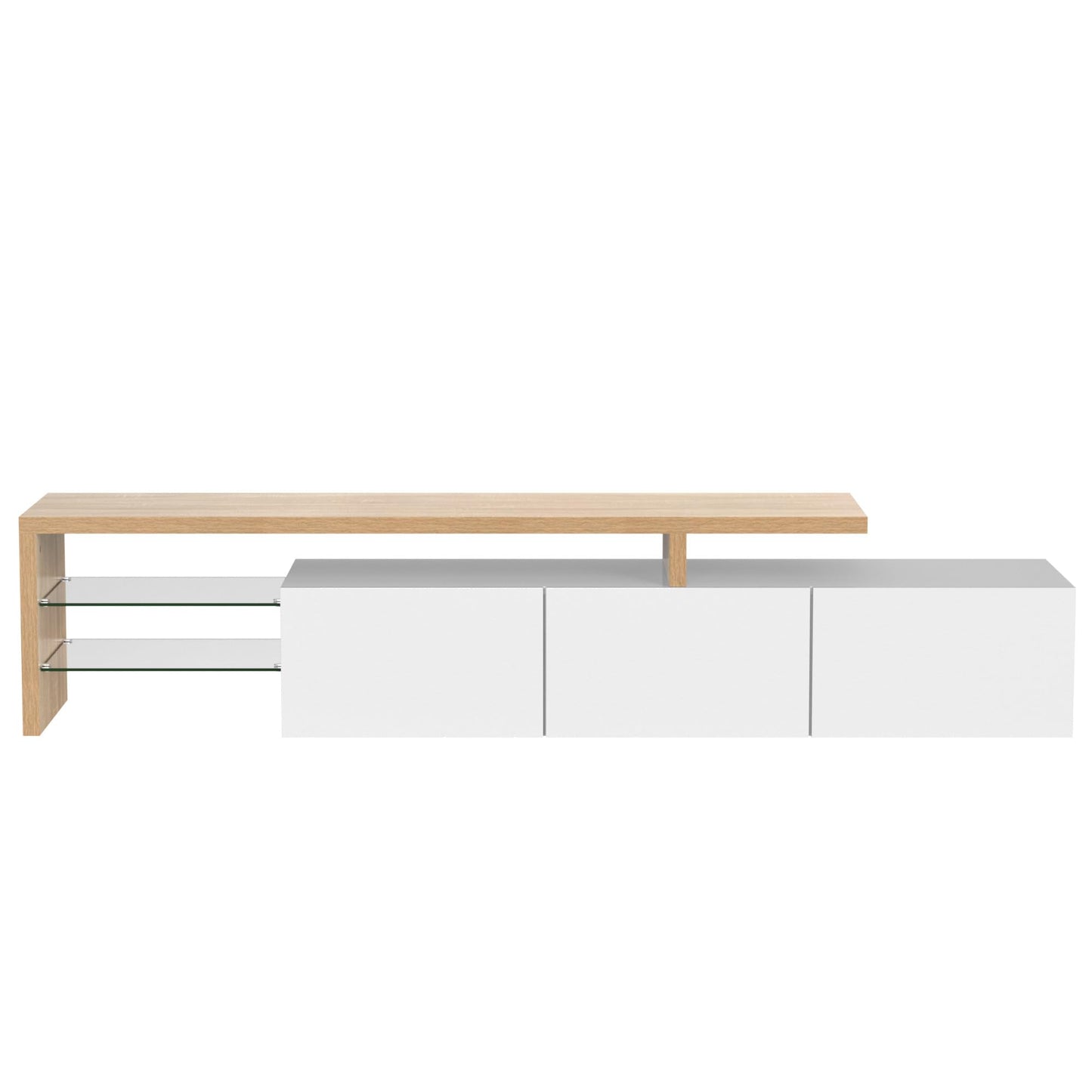 SHUGUANG Meuble TV 200 cm Longueur Meuble TV de Salon Moderne Élégance, Banc TV avec Étagères en Verre, Éclairage LED, Meuble TV Aspect Bois, Espace de Rangement Pratique, Brillant, 197,5x39x42cm