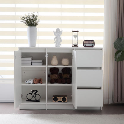 Meuble de Rangement, Buffet de Cuisine avec 2 Portes et 3 Tiroirs, Armoire de Salon Conception sans Poignée, Étagère Rangement Étagères Réglables, Charnière Amortissante, 120 x 35 x 90 cm