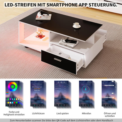 Table basse,Table basse salon,Table basse blanche et noire,Table basse LED moderne,Avec plateau noir brillant,Avec espace de rangement,Table basse avec deux tiroirs,Table basse 110 x 38,5 x 55 cm