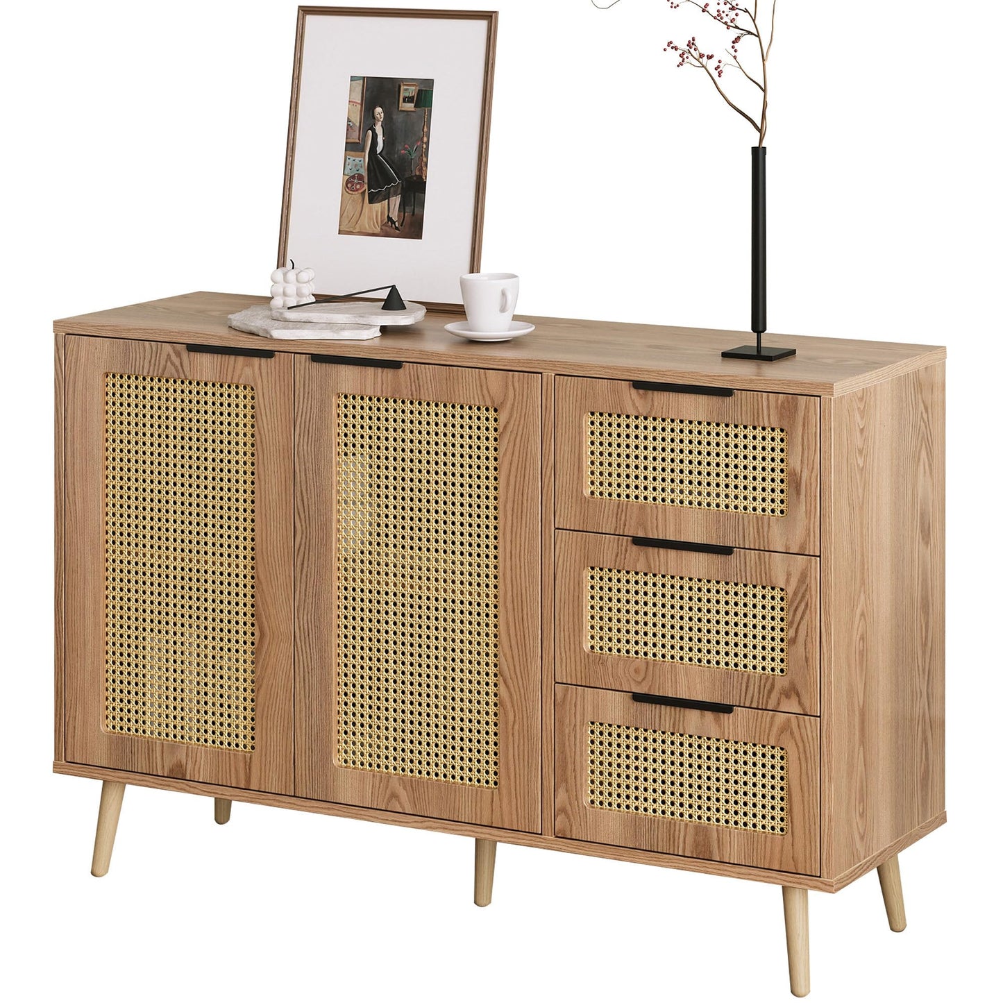 Buffet Vintage Rotin Style Bohème Bahut avec 2 Portes et 3 Tiroirs, Équipé de Poignées Noires, Armoire de Style Maison de Campagne pour Salle à Manger, Cuisine, Entrée, Salon (Bois Naturel/Noyer)