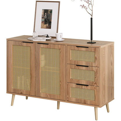 Buffet Vintage Rotin Style Bohème Bahut avec 2 Portes et 3 Tiroirs, Équipé de Poignées Noires, Armoire de Style Maison de Campagne pour Salle à Manger, Cuisine, Entrée, Salon (Bois Naturel/Noyer)