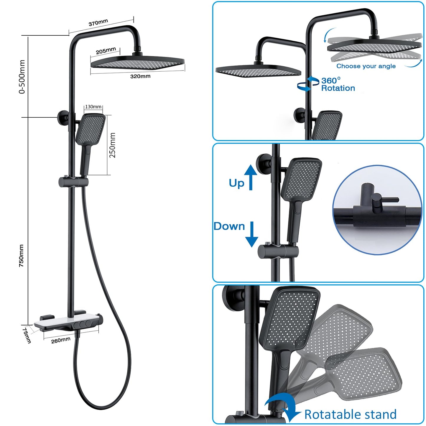 Colonne de Douche Thermostatique Mitigeur en Laiton Système de Douche avec 32 * 20CM Pommeau de Douche, Douchette 3 Fonctions, Robinet de Baignoire Ensemble de Douche Mural (Noir et Blanc)