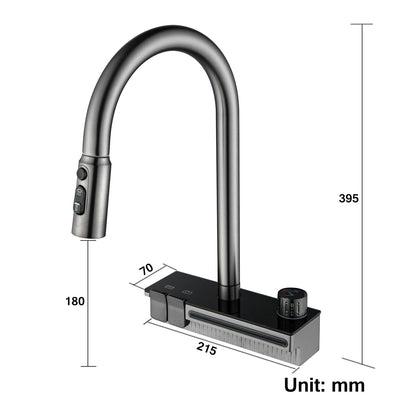 Robinet de Cuisine Cascade avec Douchette Extensible, Mitigeur Cuisine Cascade Unique avec Touches Piano et Bouton Rotatif, 4 Modes Robinet d'Évier de Cuisine Pivotant à 360°