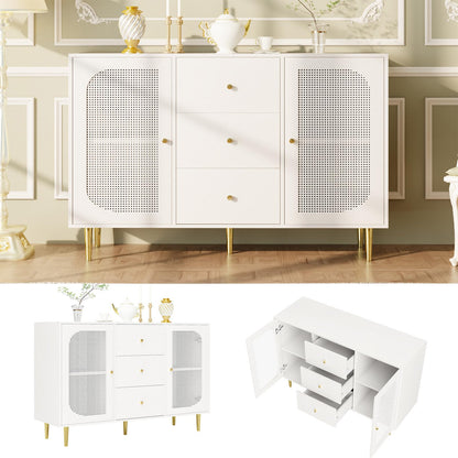 Sideboard, Kommode, Küchenschrank Rattan-Schranktür, Mehrzweckschrank mit 2 Türen und 3 Schubladen, Schubladenschrank Kippschutz, Aufbewahrungsschrank Kratzfeste Oberfläche, 120 x 90 x 40 cm (B/H/T)