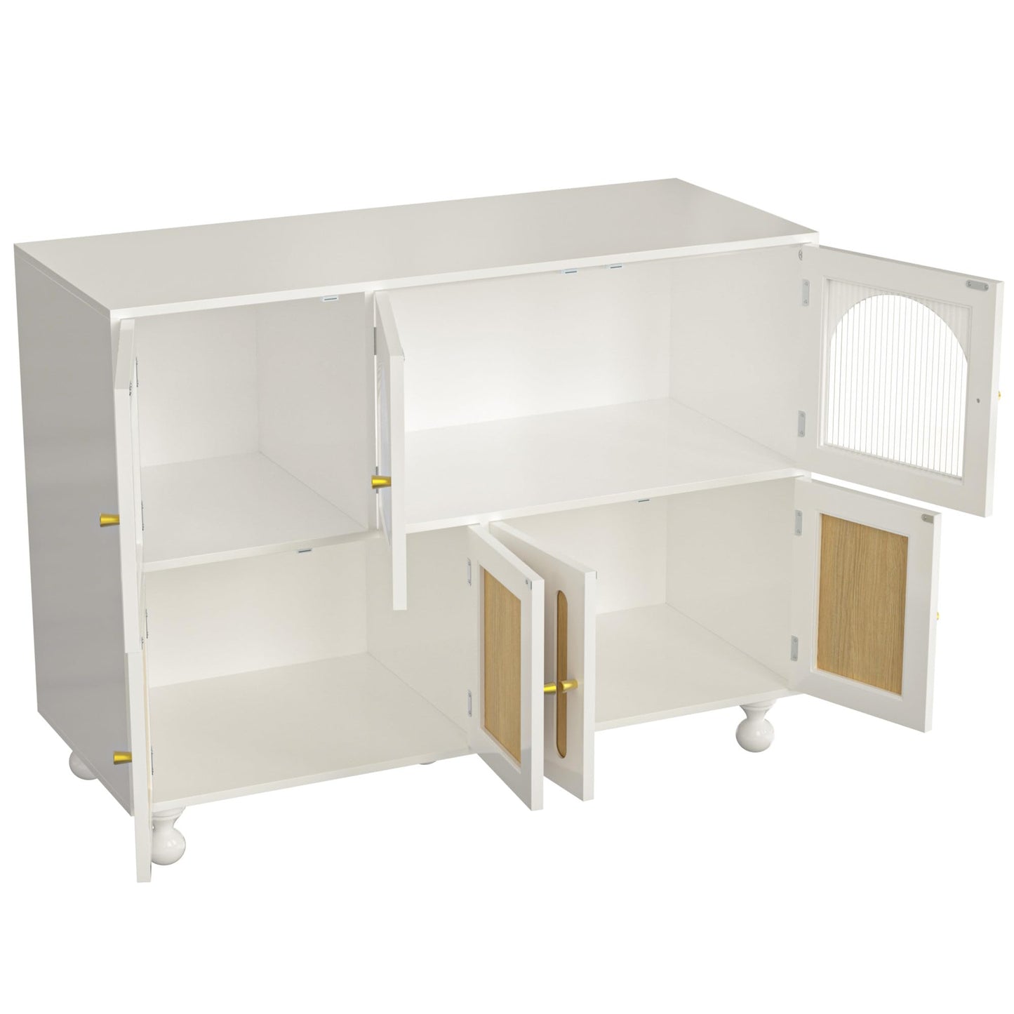 Buffet Salon Moderne, Longue Porte en Verre au Design Arc-en-ciel, Porte de Bar à clés de Piano, Pieds de Colonne Ronds, Armoire de Rangement Élégante, Armoire de Buffet au Design Unique, Blanc/Noir
