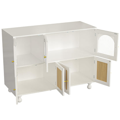 Buffet Salon Moderne, Longue Porte en Verre au Design Arc-en-ciel, Porte de Bar à clés de Piano, Pieds de Colonne Ronds, Armoire de Rangement Élégante, Armoire de Buffet au Design Unique, Blanc/Noir
