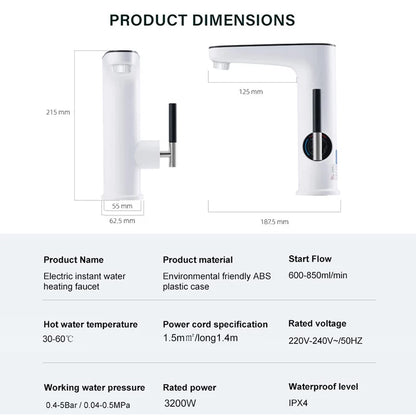 Robinet d'eau Chaude électrique Instantanée 220V, Robinet de Salle de Bains lavabo avec Affichage de la Température à LED, Robinet avec Tube Chauffant en Acier Inoxydable