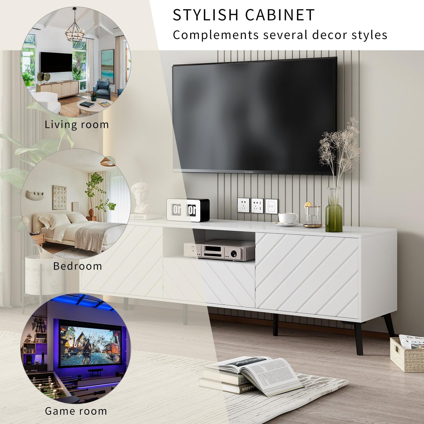 170cm Meuble TV Blanc pour TV 70 pouces, Moderne et Simple Banc TV avec 2 Portes et 1 Tiroir, Séparateurs Internes Réglables, Pieds en Métal Robustes avec Coussinets Souples, Facile à Assembler