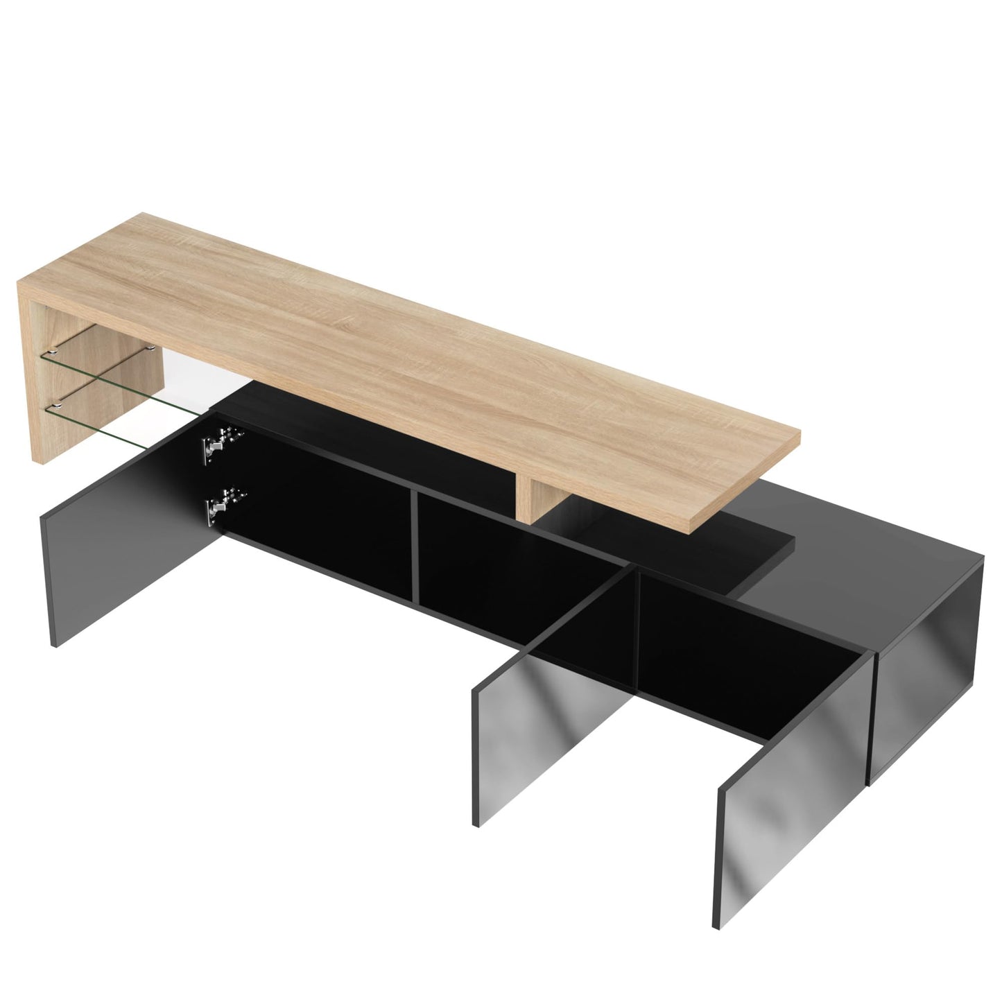 SHUGUANG Meuble TV 200 cm Longueur Meuble TV de Salon Moderne Élégance, Banc TV avec Étagères en Verre, Éclairage LED, Meuble TV Aspect Bois, Espace de Rangement Pratique, Brillant, 197,5x39x42cm