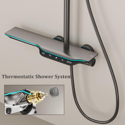 Colonne de Douche Thermostatique Colonne Douche Salle de Bain Affichage Numérique Colonne de Douche avec Mitigeur, Gris Pistolet Hauteur RéGlable Ensemble de Douche avec Douchette