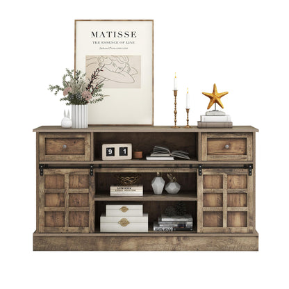 Meuble TV 150 cm Longueur Banc TV Gris Marron avec 2 Portes Coulissantes, 9 Compartiments de Rangement, 2 Tiroirs, Éclairage LED 16 Couleurs, Style Ferme Rétro en Grain de Bois pour TV Jusqu'à 60"