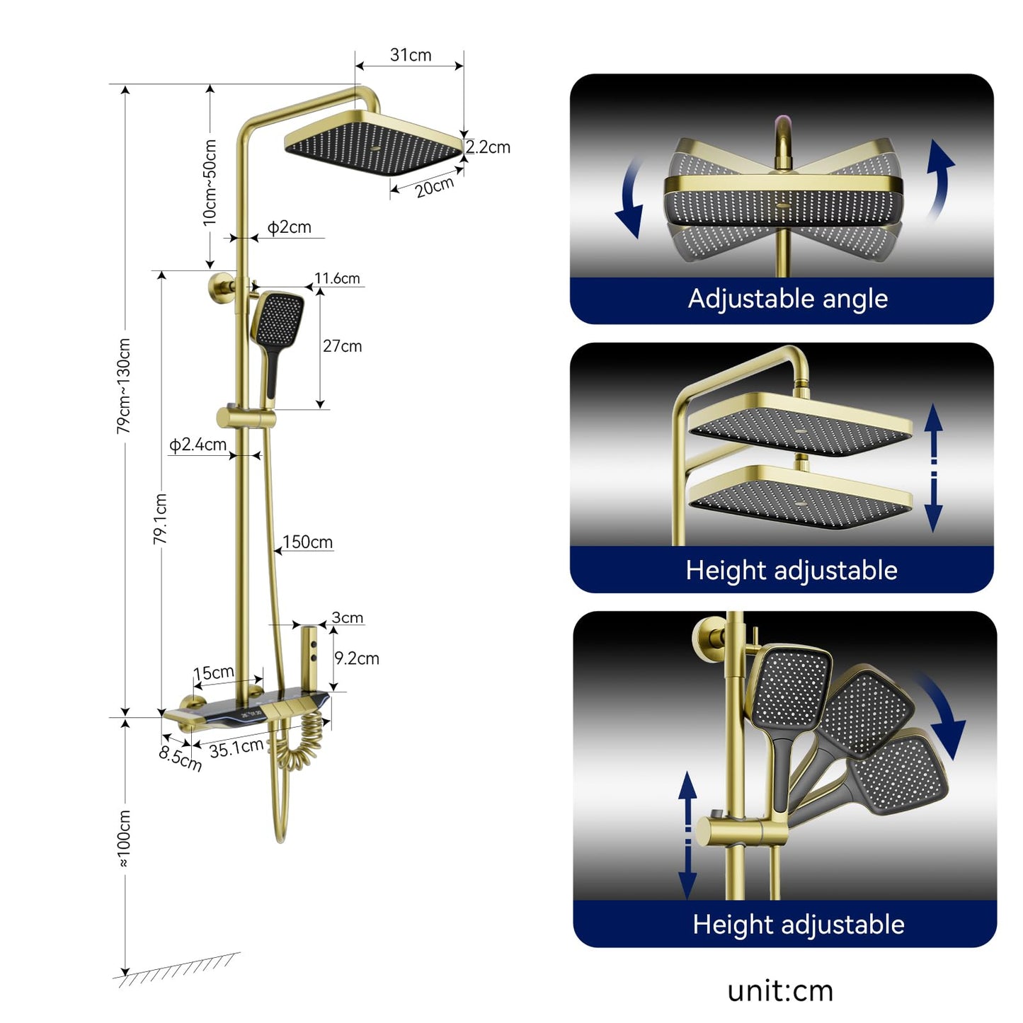 Colonne de Douche Thermostatique Doré Systeme de Douche Piano avec éclairage d'ambiance LED, Ensemble de Douche Mitigeur Hauteur Réglable avec Douche de Tête et Douchette, Baignoire Cascade