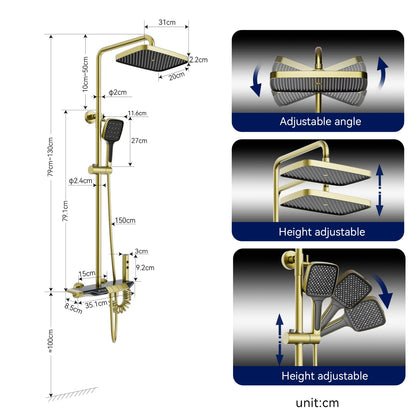 Colonne de Douche Thermostatique Doré Systeme de Douche Piano avec éclairage d'ambiance LED, Ensemble de Douche Mitigeur Hauteur Réglable avec Douche de Tête et Douchette, Baignoire Cascade
