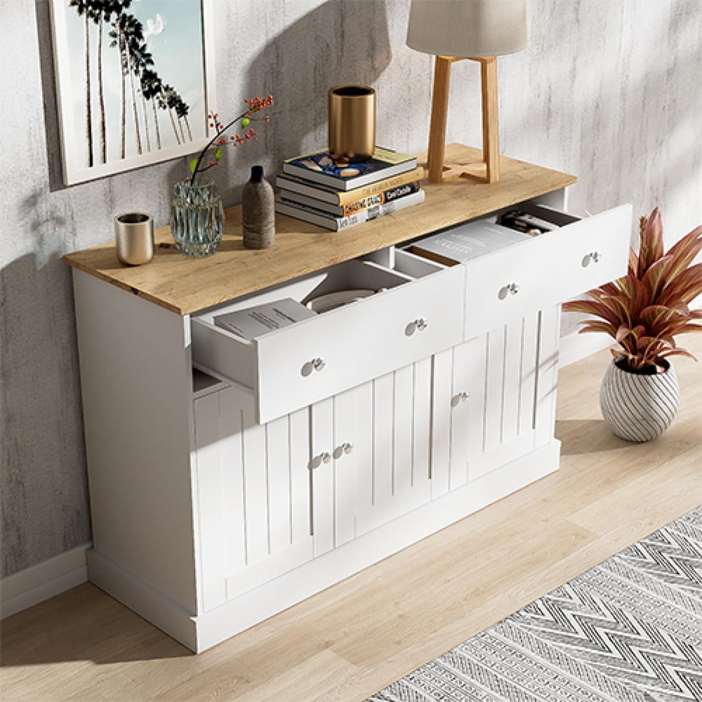 Buffet,buffet bahut salon blanc,Buffet avec 3 portes et 2 tiroirs, buffet avec poignées argentées et charnières amorties, meuble de rangement 120 x 36 x 80.5 cm,Convient couloir du balcon chambre