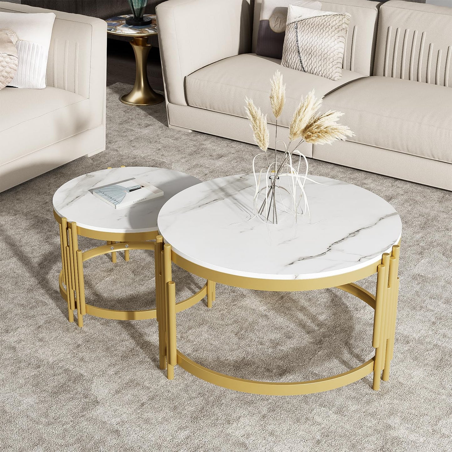 Peiaw Table Basse,Table de Salon,Table Basse Ronde,Lot de 2 Tables Basses de Salon Gigognes,Aspect marbre Blanc et Structure en Acier doré,Table de Salon 71,5 x 71,5 x 44 & 51,5 x 51,5 x 37 cm