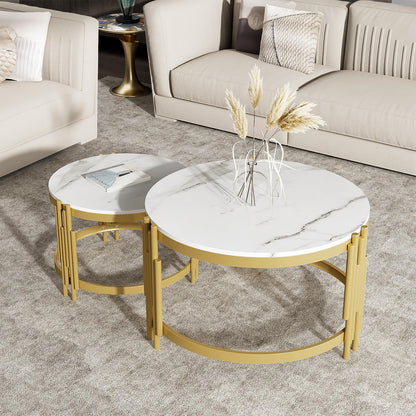 Peiaw Table Basse,Table de Salon,Table Basse Ronde,Lot de 2 Tables Basses de Salon Gigognes,Aspect marbre Blanc et Structure en Acier doré,Table de Salon 71,5 x 71,5 x 44 & 51,5 x 51,5 x 37 cm