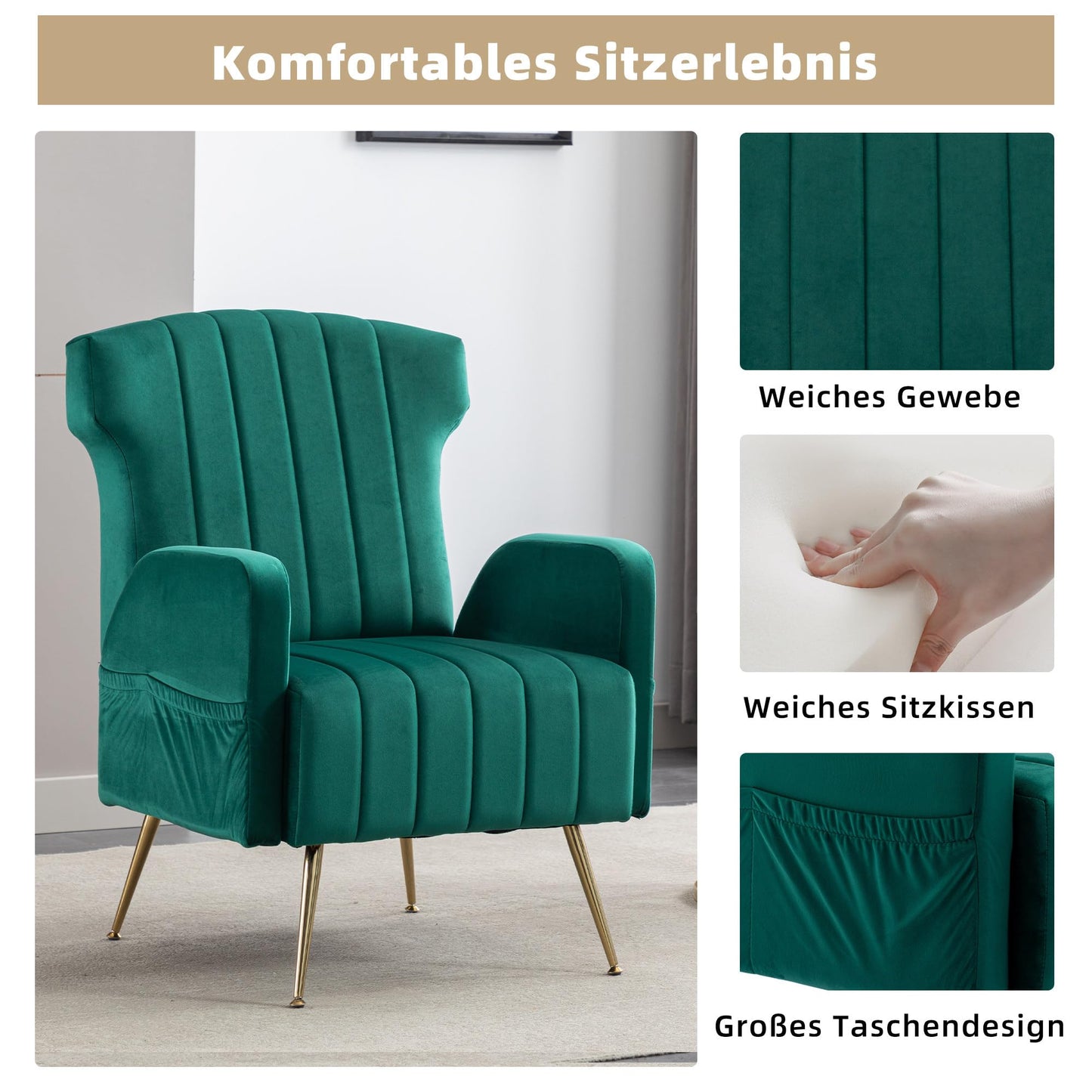 SHUGUANG Fauteuil Confortable Velours, Fauteuil Salon Confortable Chaise Coiffeuse avec Pieds Métalliques Dorés, Forme de Chaise Cigare Chaise de Lecture en Vigueur Chambre à Coucher, Salon