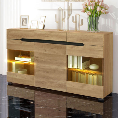 Buffet Salon LED, Meuble Buffet avec 3 Portes 3 Tiroirs, Vitrine Couleur Bois, Commode de Chambre Moderne et Élégante, Beaucoup D'espace de Rangement, Portes Acrylique Transparent, 140x35x80 cm