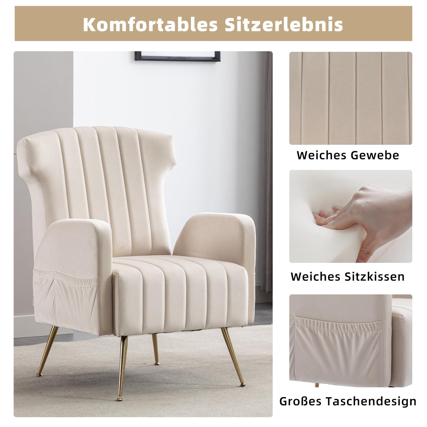 SHUGUANG Fauteuil Confortable Velours, Fauteuil Salon Confortable Chaise Coiffeuse avec Pieds Métalliques Dorés, Forme de Chaise Cigare Chaise de Lecture en Vigueur Chambre à Coucher, Salon