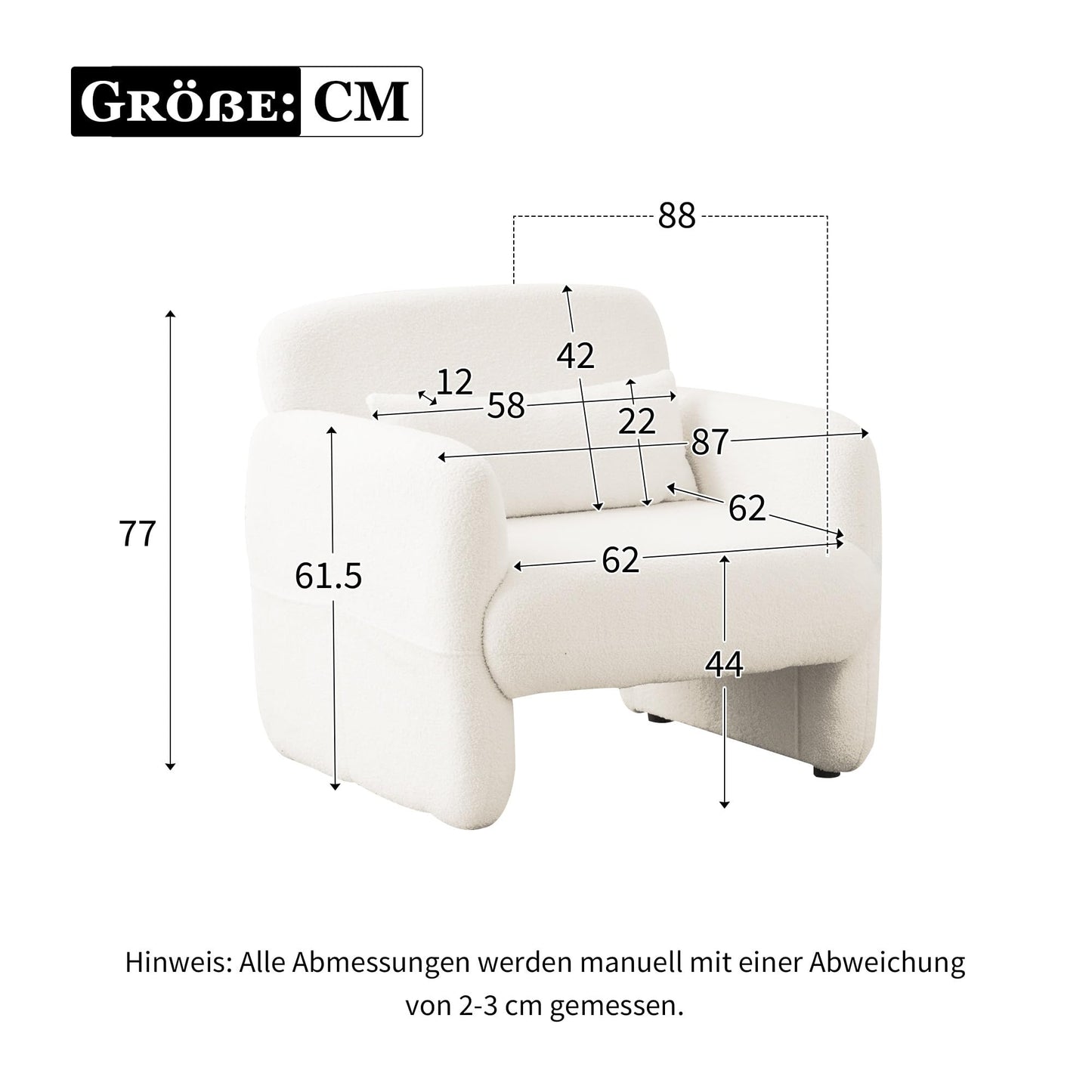 Blanc Chaise de Llecture, Fauteuil de Loisirs Teddy-Fleece-Stoff, Fauteuil salon Confortable avec Cadre en Bois Massif, Conception simple Fauteuil Chambre En Vigueur Chambre à Coucher, Salon,