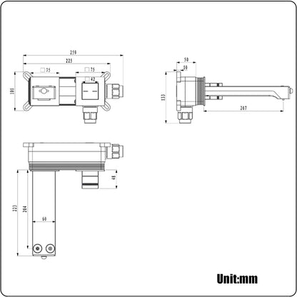 Mitigeur Lavabo Affichage Numérique LED Robinet Lavabo Gris Pistolet Robinet Cascade Mural Robinet Salle de Bain 3 Fonctions Mitigeur Salle de Bain avec Boîte Intégrée