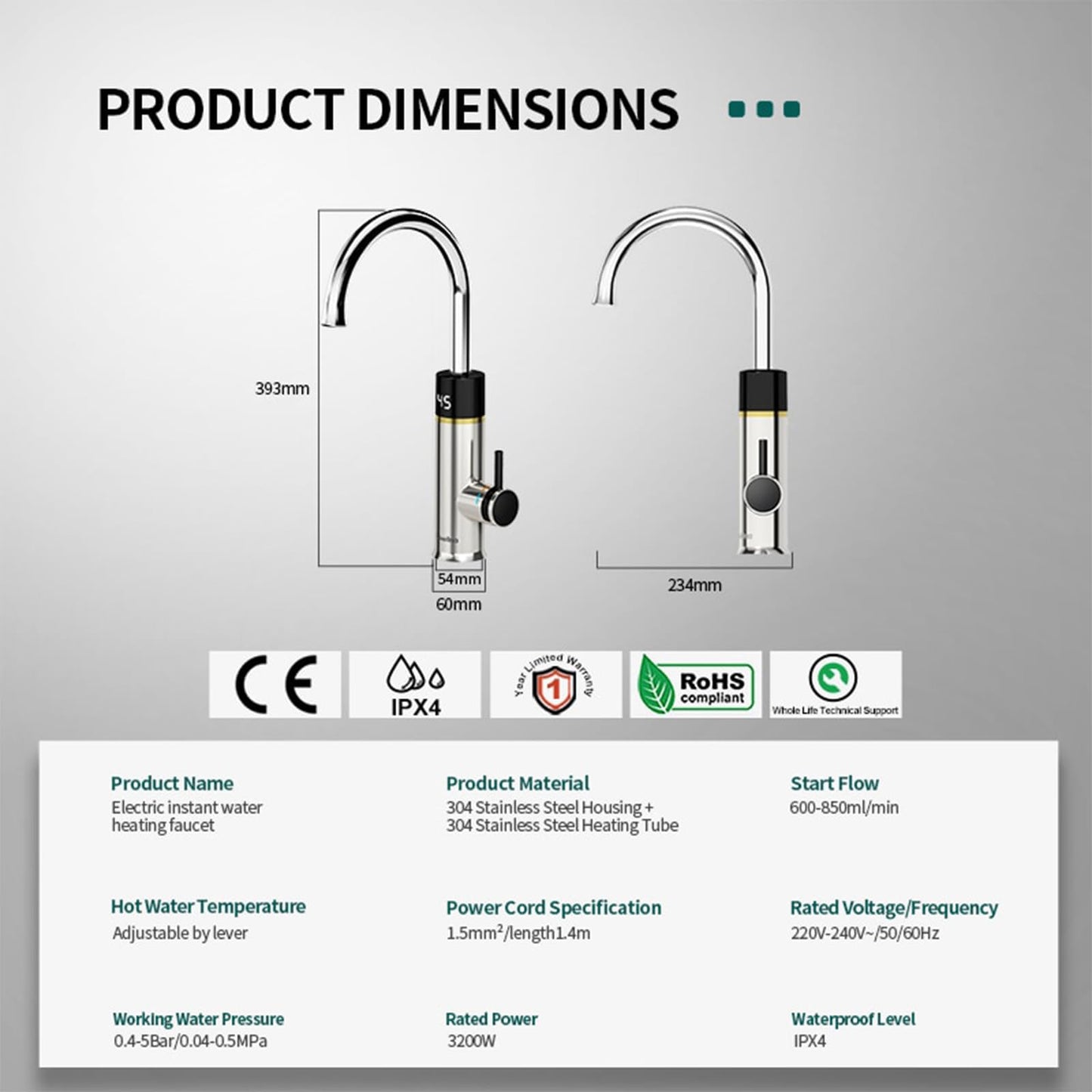 Robinet avec chauffe-eau instantané, 3200 W, robinet de chauffage électrique en acier inoxydable, robinet pivotant à 360°, affichage de la température LCD, mitigeur avec chauffe-eau instantané