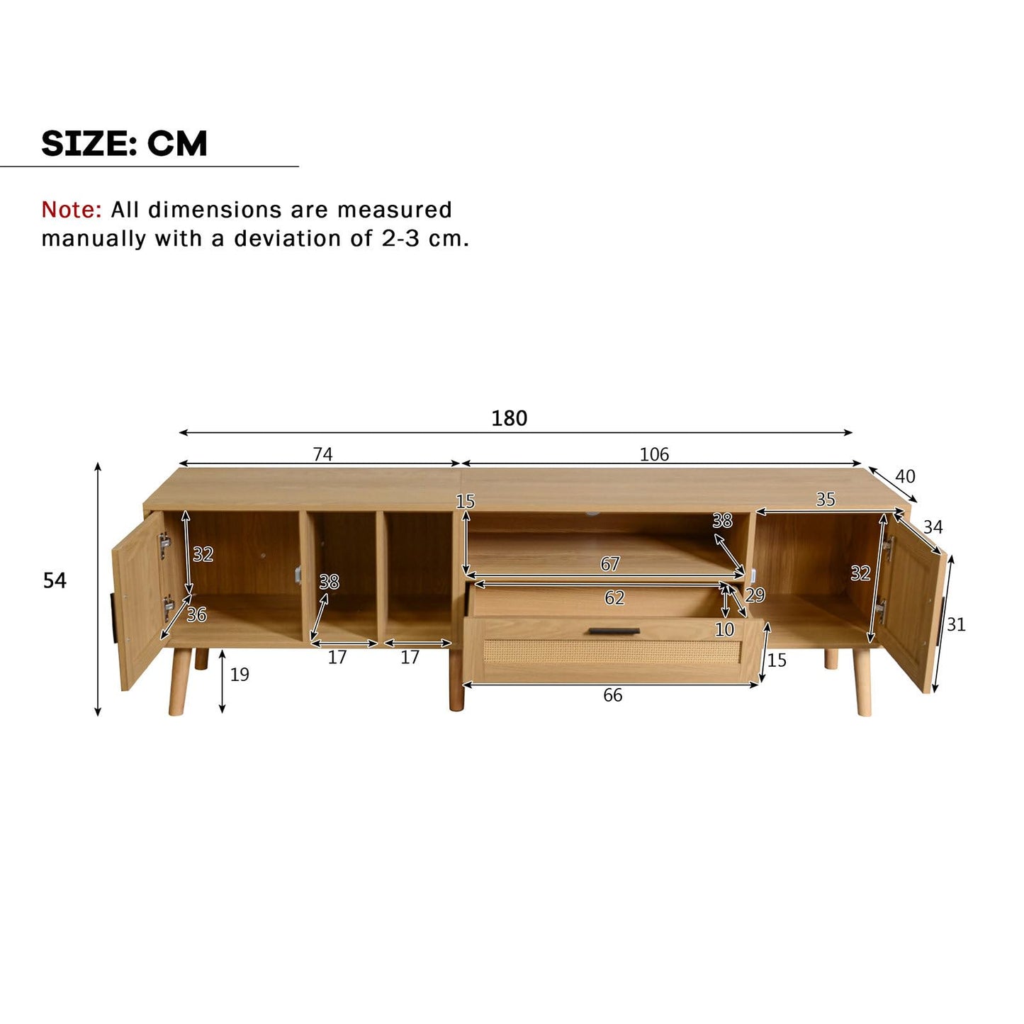 Meuble TV 180cm, Armoire De Télévision Rotin Tressé, Meuble Télé de Salon Pieds en Bois Massif, Table Télévision Convient Aux Téléviseurs de 80 Pouces, 2 Portes, 1 Tiroirs et 3 Étagères Ouvertes