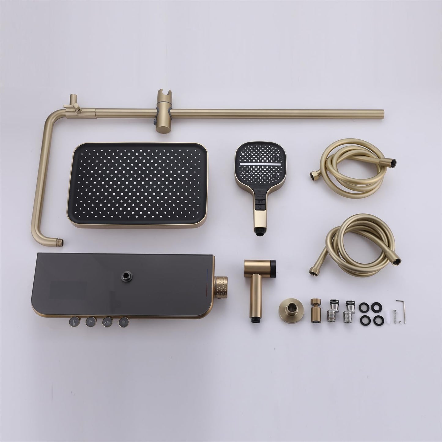 OihPaw Colonne De Douche Thermostatique Or Brossé, SystèMe De Douche Mural Piano Key avec Affichage NuméRique LED, Pommeau De Douche 33x22cm avec Douchette
