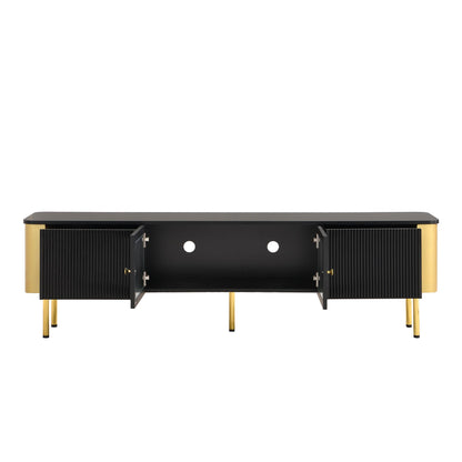 Meuble TV Moderne 170 cm Banc TV pour Téléviseurs Jusqu'à 65 Pouces, Tiroirs et Panneaux de Porte de Forme Spéciale, Poignées et Pieds Dorés, Forme D'arc, Élégant Luxueux Meuble Salon, Meuble TV Bas