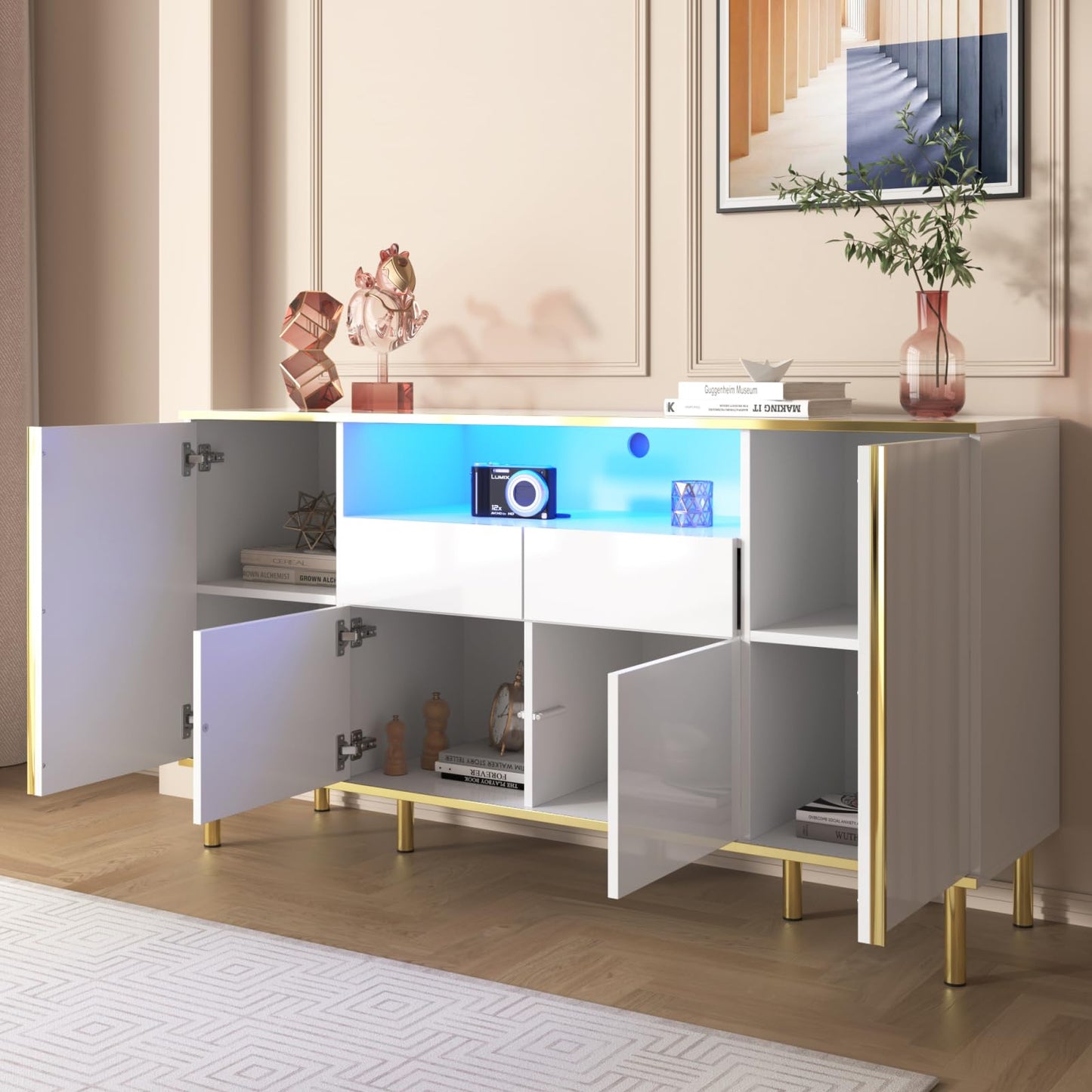 Peiaw Buffet,bahut Salon,Buffet avec 4 Portes et 2 tiroirs,Buffet avec éclairage LED,Meuble Chambre,Meuble Rangement Cuisine 150 x 40 x 80 cm,Commode de Style Moderne,Buffet avec Rangement Ouvert