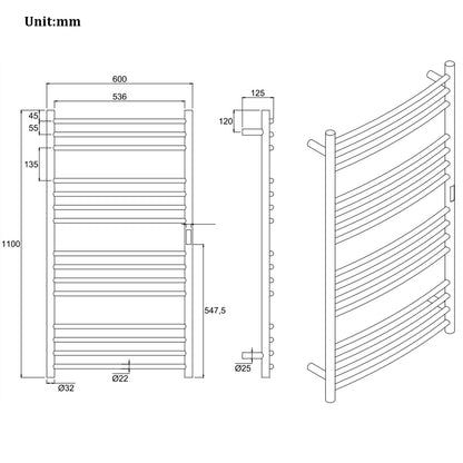 Sèche-Serviette Électrique Noir,185 W Chauffe-Serviettes 1100×600 mm WiFi Intelligent Porte-Serviettes Chauffant Électrique 15 Barres Courbes Commande Tactile à LED
