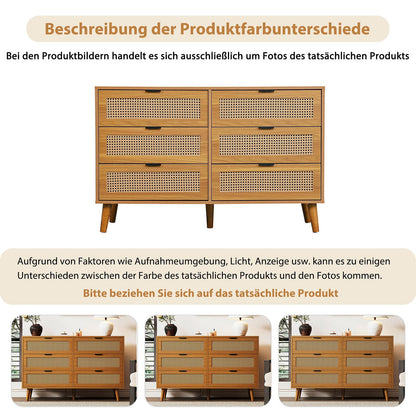 Kommode Mit 6 Schubladen, Sideboard Perforierte Rattantür, Mehrzweckschrank für Wohnzimmer, Esszimmer, Schubladenschrank Hohe Tragfähigkeit, Schrankbeine aus Massivholz, Metallgriff, 120 x 40 x 76.5cm