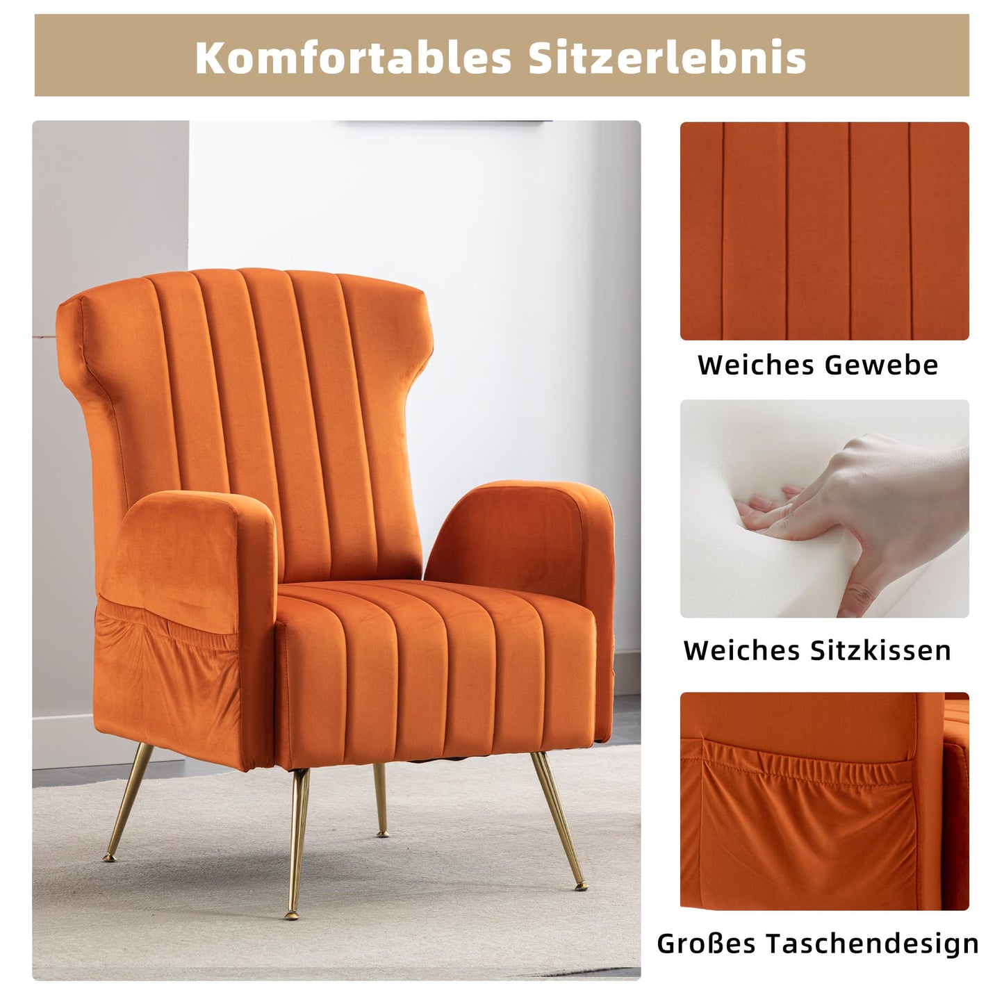 SHUGUANG Fauteuil Confortable Velours, Fauteuil Salon Confortable Chaise Coiffeuse avec Pieds Métalliques Dorés, Forme de Chaise Cigare Chaise de Lecture en Vigueur Chambre à Coucher, Salon