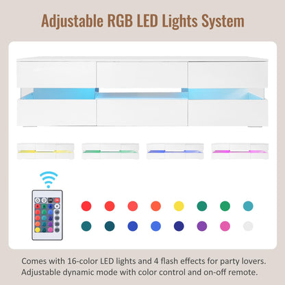 Meuble TV Blanc Brillant 160 cm Banc TV Moderne avec Éclairage LED, 2 Portes, 1 Tiroir, Compartiment Ouvert, pour Téléviseur 70 Pouces, Insert en Verre Acrylique et Ouverture à Pression, Meuble Salon