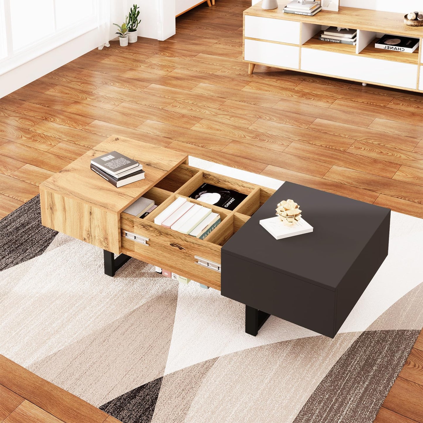 Table basse,Table basse salon,Table basse anthracite, table basse coulissante moderne multifonctionnelle avec rangement caché, support en bois et métal de haute qualité, table basse 155 x 55 x 22 cm