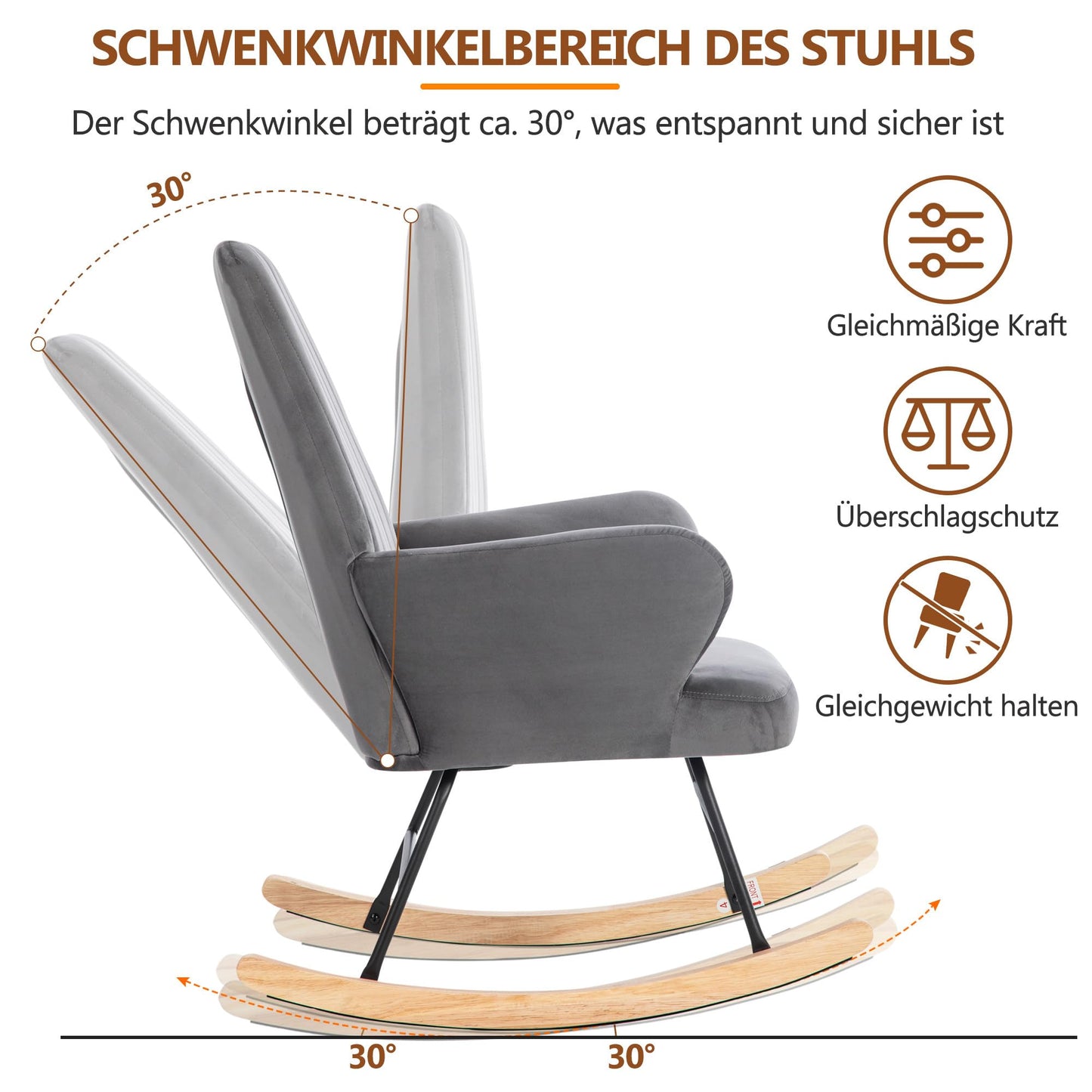 Gris Fauteuil À Bascule, Chaise de Lecture avec Velours, Rocking Chair Hauteur 97 cm, Largeur D'assise 45 cm avec Repose-Pieds (48*37*37 cm), Chaise a Bascule Approprié Coucher, Salon, Dortoir
