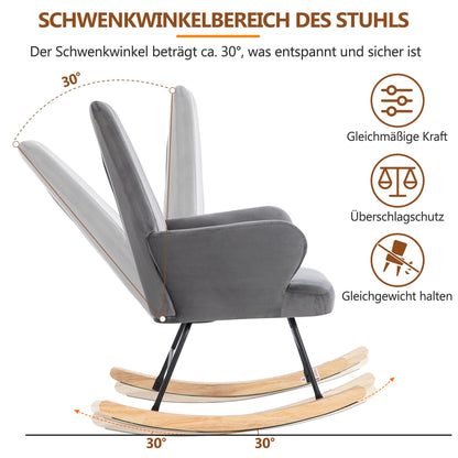 Gris Fauteuil À Bascule, Chaise de Lecture avec Velours, Rocking Chair Hauteur 97 cm, Largeur D'assise 45 cm avec Repose-Pieds (48*37*37 cm), Chaise a Bascule Approprié Coucher, Salon, Dortoir