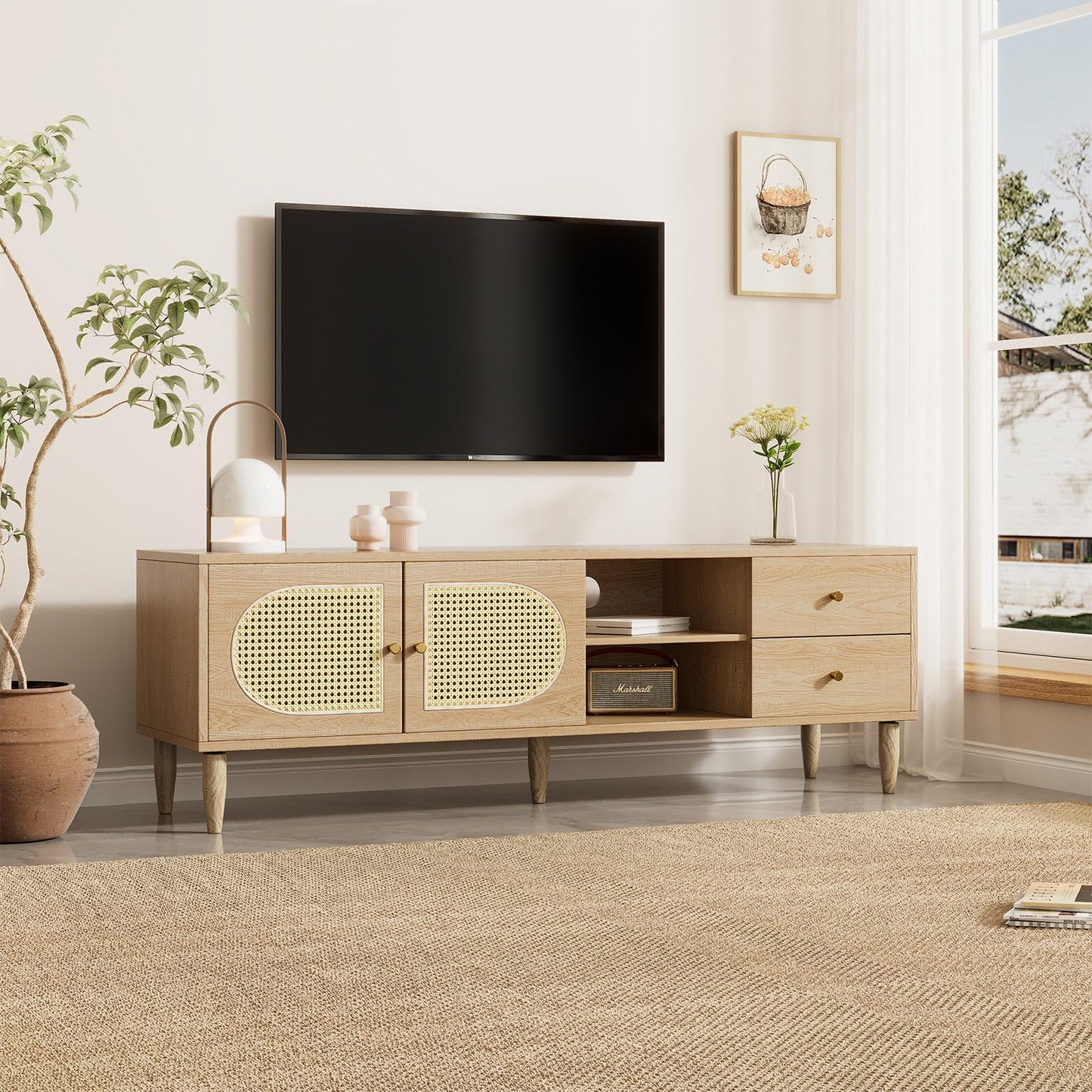 Billg Meuble TV 150cm, Armoire De Télévision 2 Portes Tressées en Rotin, Meuble Télé de Salon Pieds D'armoire Réglables, Table Télévision Convient pour Un Téléviseur de 60 Pouces, 3 Trous pour Câbles