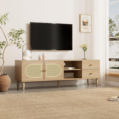 Billg Meuble TV 150cm, Armoire De Télévision 2 Portes Tressées en Rotin, Meuble Télé de Salon Pieds D'armoire Réglables, Table Télévision Convient pour Un Téléviseur de 60 Pouces, 3 Trous pour Câbles