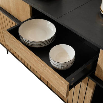 SHUGUANG Buffet élégant moderne avec 4 portes coulissantes et 1 tiroir, chêne combiné avec noir, armoire de buffet pour salon, cuisine, chambre à coucher, entrée, 160 x 40 x 80 cm
