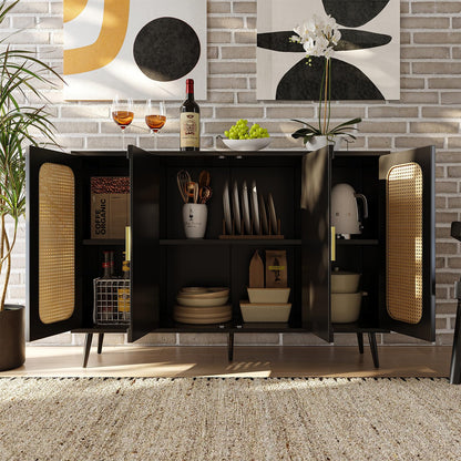 Buffet Cuisine, Meuble de Rangement, Commode 4 Portes, Armoire de Salon Porte D'armoire en Rotin, Bibliothèque Anti-Basculement, Étagères Réglables, Porte Blister, 120 x 89 x 35 cm (L/H/P), Noir