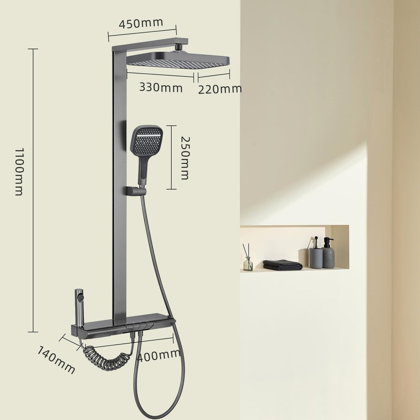 OihPaw Colonne de Douche Thermostatique Colonne Douche Salle de Bain Affichage Numérique Colonne de Douche avec Mitigeur,Gris Pistolet Ensemble de Douche avec Pommeau de douche,Douchette